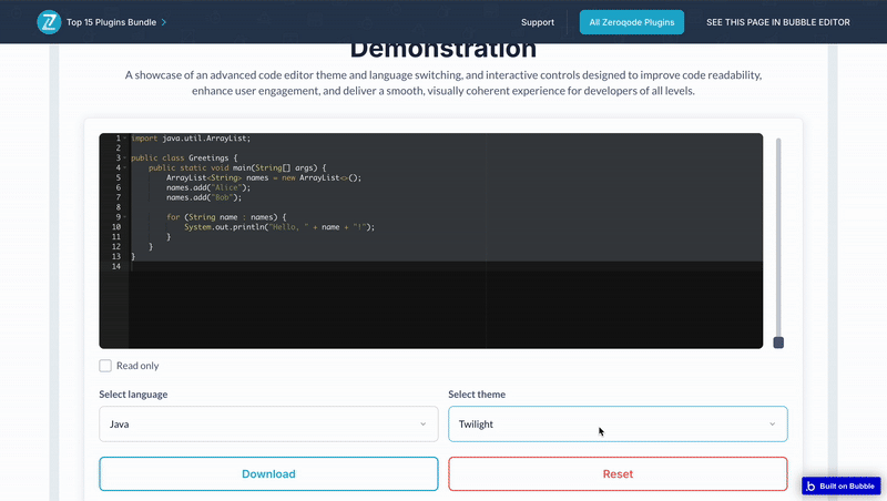 Advanced Code Editor+ #darkmode Plugin for Bubble preview