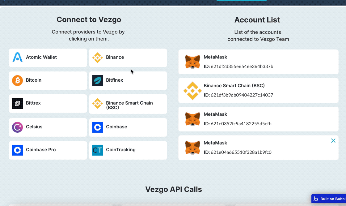 Vezgo multi-crypto integrations Plugin for Bubble preview